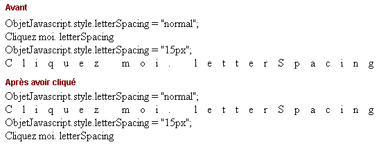copie d'&eacute;cran de l'affichage de la propri&eacute;t&eacute; css letterSpacing