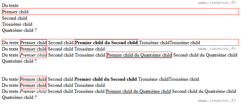 copie d'écran de l'affichage du sélecteur CSS :first-child