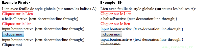 copie d'écran de l'affichage du sélecteur CSS :active