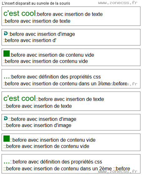 copie d'écran de l'affichage du sélecteur CSS :before