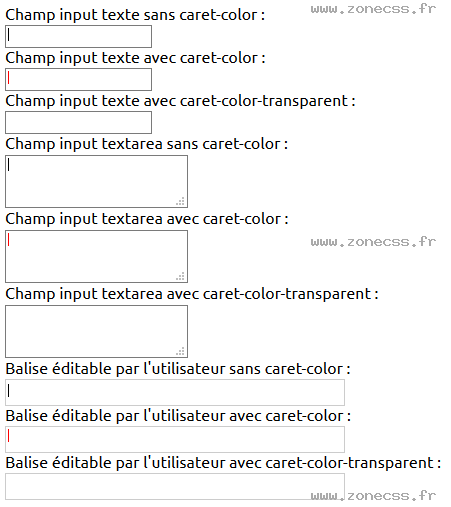 copie d'écran de l'affichage de la propriété CSS caret-color