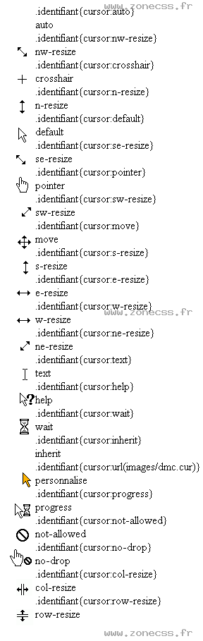 copie d'écran de l'affichage de la propriété CSS cursor