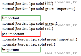 copie d'écran de l'affichage de la propriété CSS important