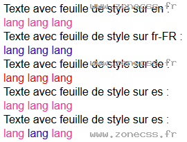 copie d'écran de l'affichage du sélecteur CSS :lang