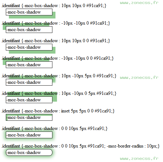 copie d'écran de l'affichage de la propriété CSS -moz-box-shadow