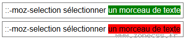 copie d'écran de l'affichage du sélecteur CSS ::-moz-selection