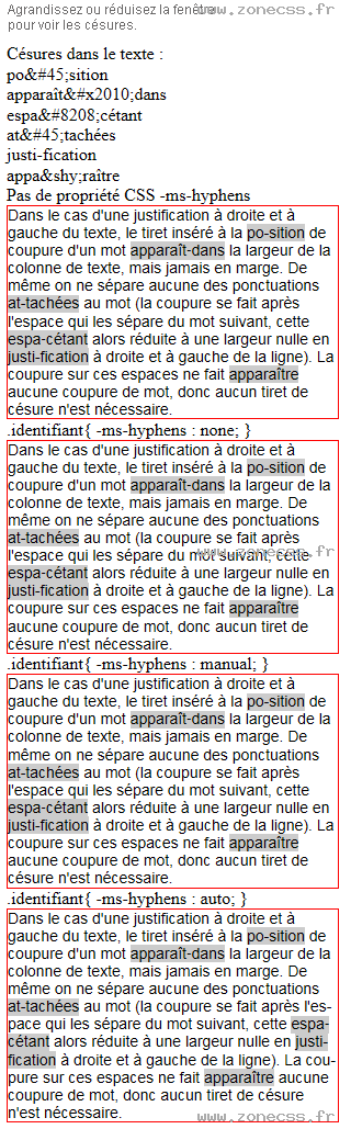 copie d'écran de l'affichage de la propriété CSS -ms-hyphens