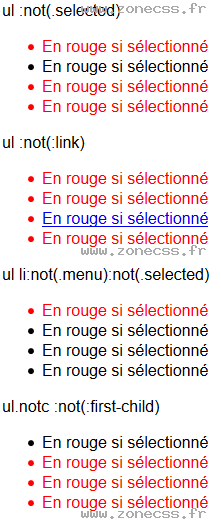 copie d'écran de l'affichage du sélecteur CSS :not