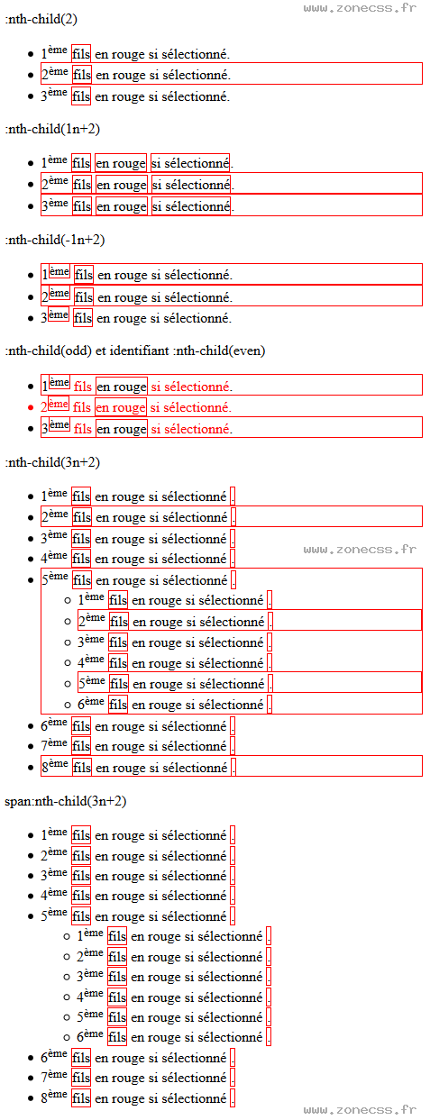 copie d'écran de l'affichage du sélecteur CSS :nth-child