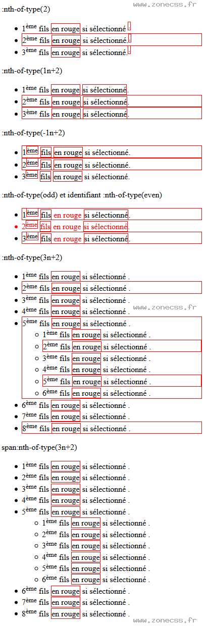 copie d'écran de l'affichage du sélecteur CSS :nth-of-type