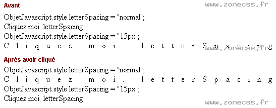 copie d'écran de l'affichage de la propriété JS / CSS letterSpacing
