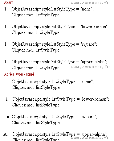 copie d'écran de l'affichage de la propriété JS / CSS listStyleType