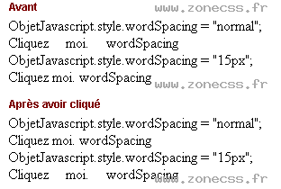 copie d'écran de l'affichage de la propriété JS / CSS wordSpacing